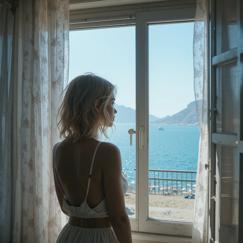 Silhouette einer Frau hinter einem Vorhang mit Blick aufs Meer