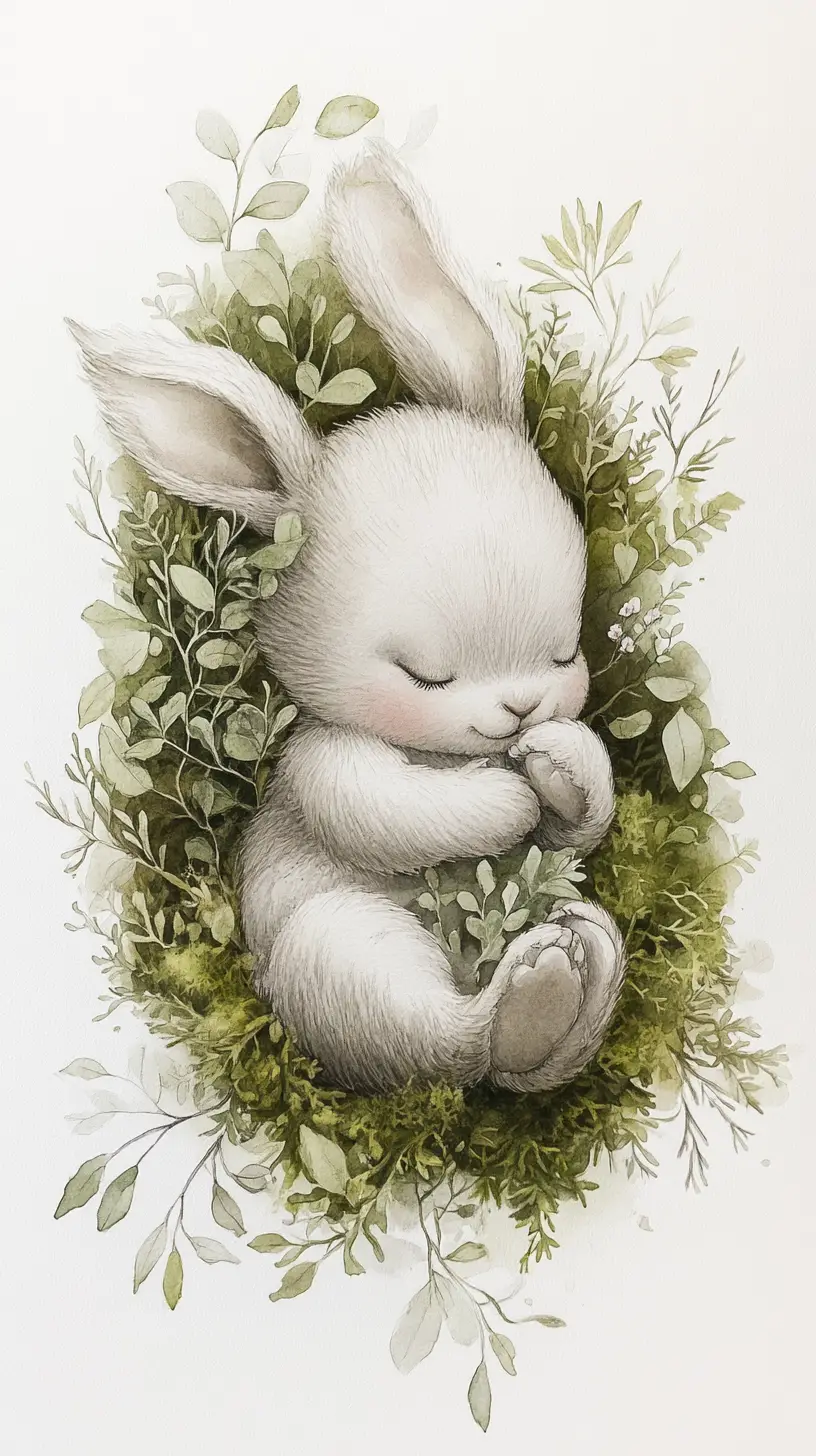 Whimsical Bear Rabbit Hybrid Curled On Mossy Forest Floor