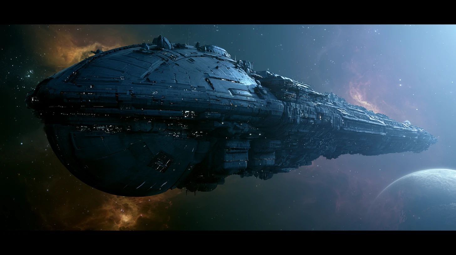 Massives futuristisches Raumschiff nähert sich einem fernen Planeten