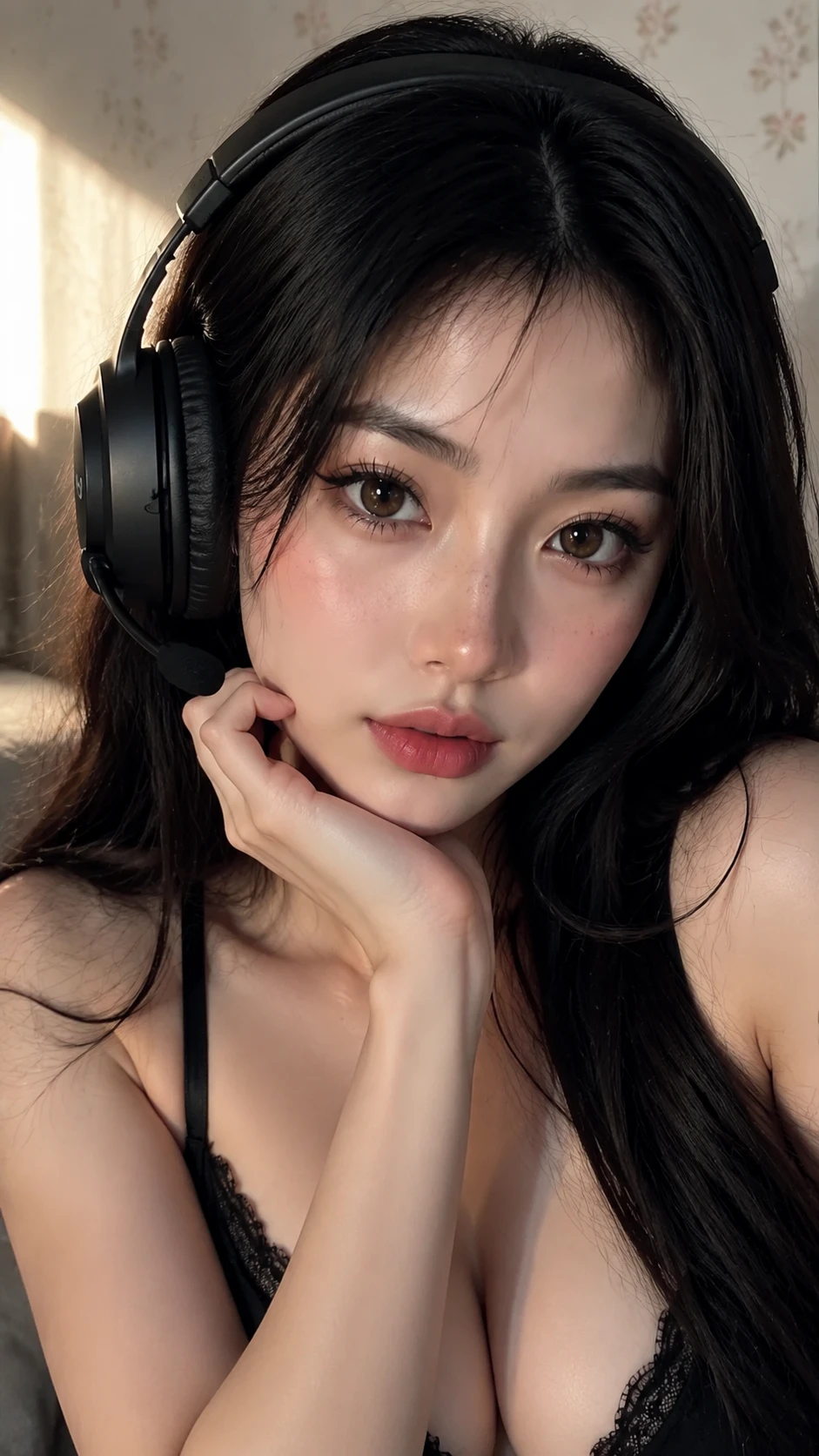 ヘッドホンをつけた若い女性のソフトなクローズアップポートレート