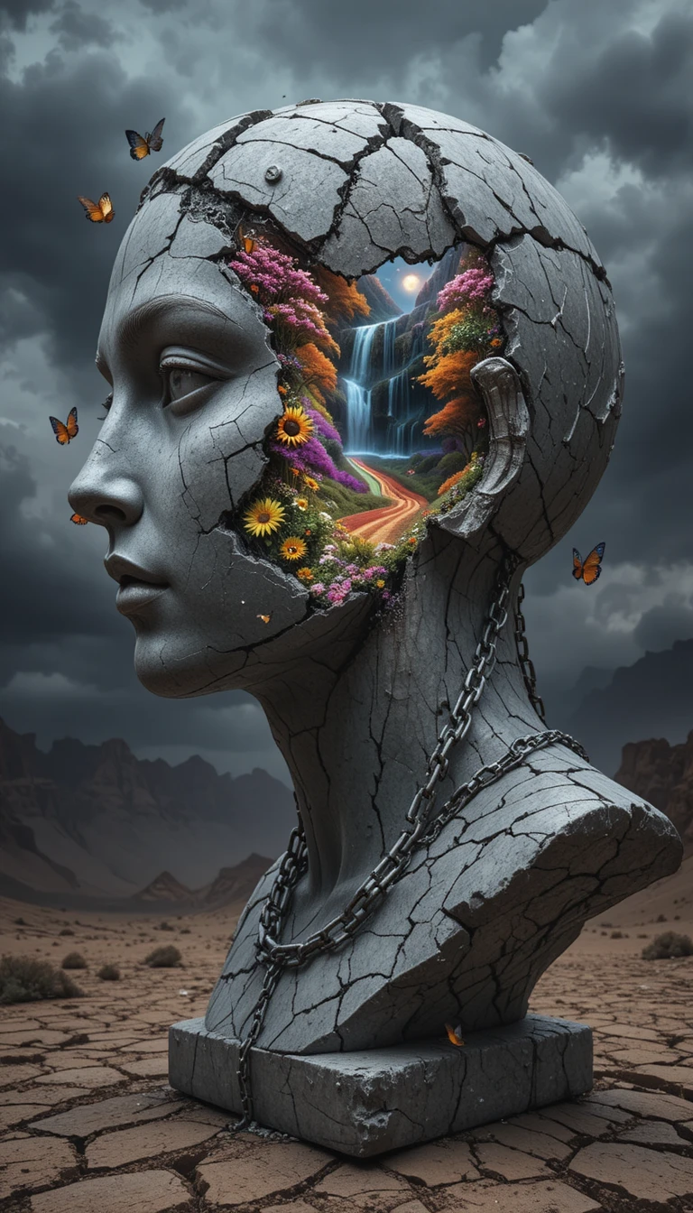 Surrealer Steinkopf enthüllt eine lebendige innere Welt