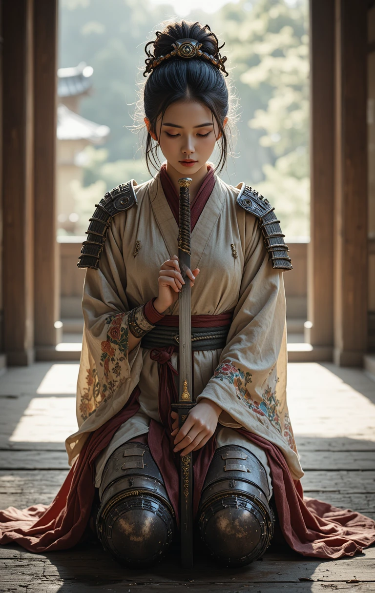 Kniende Samurai-Kriegerin in stiller Reflexion mit Katana