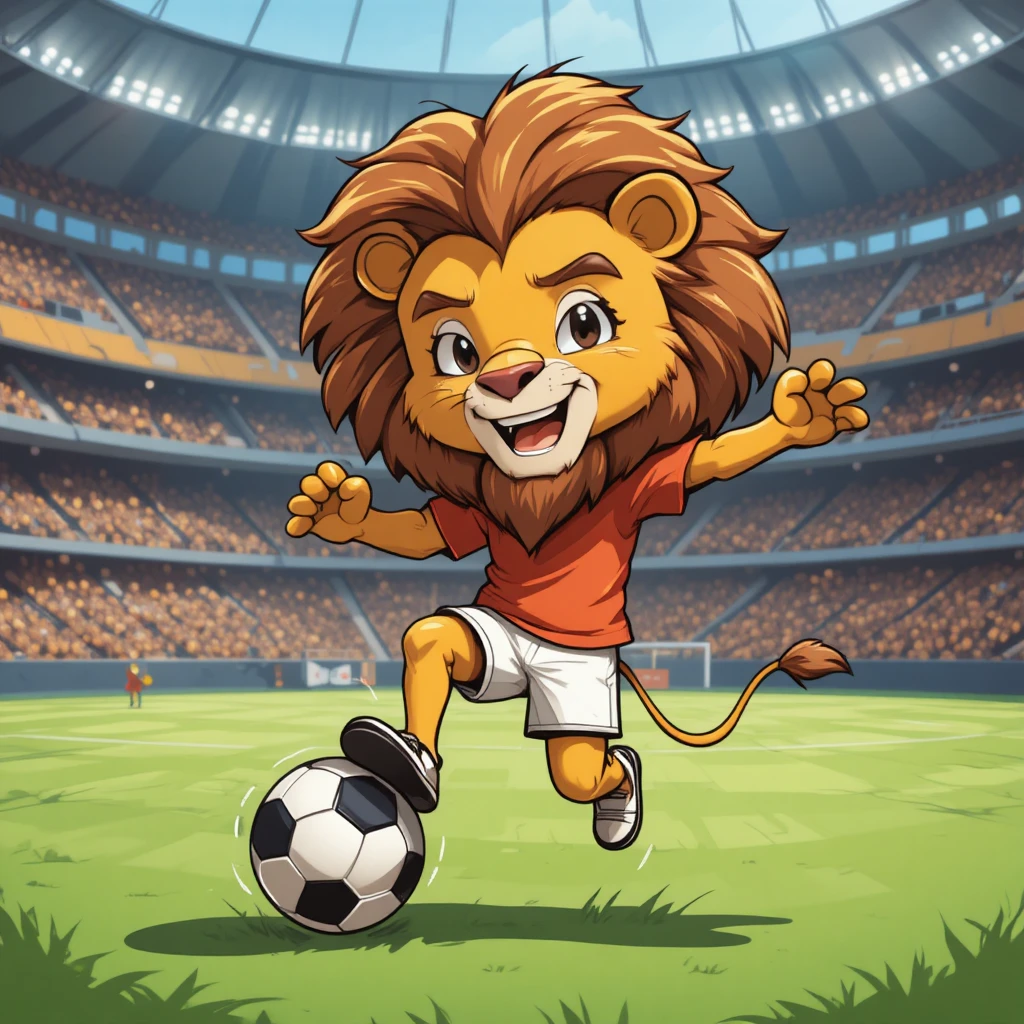 Leão fofinho em desenho animado chutando uma bola de futebol no estádio