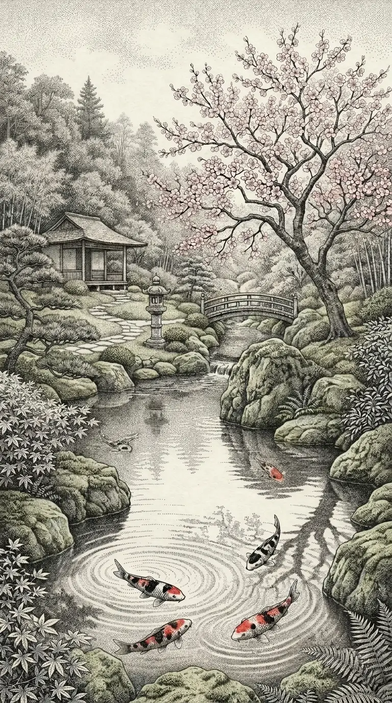Serene Japanese garden with koi pond and cherry blossom tree