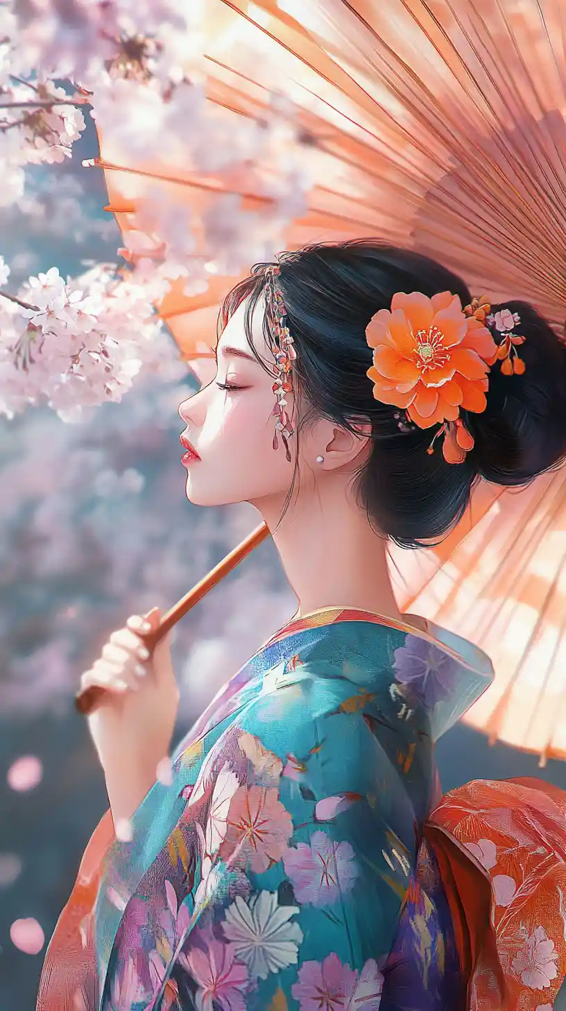 벚꽃 아래 우산을 든 기모노 차림의 애니메이션 소녀