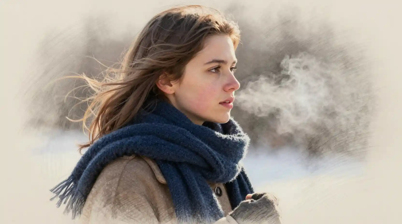 Young woman in freezing air with navy scarf illustration