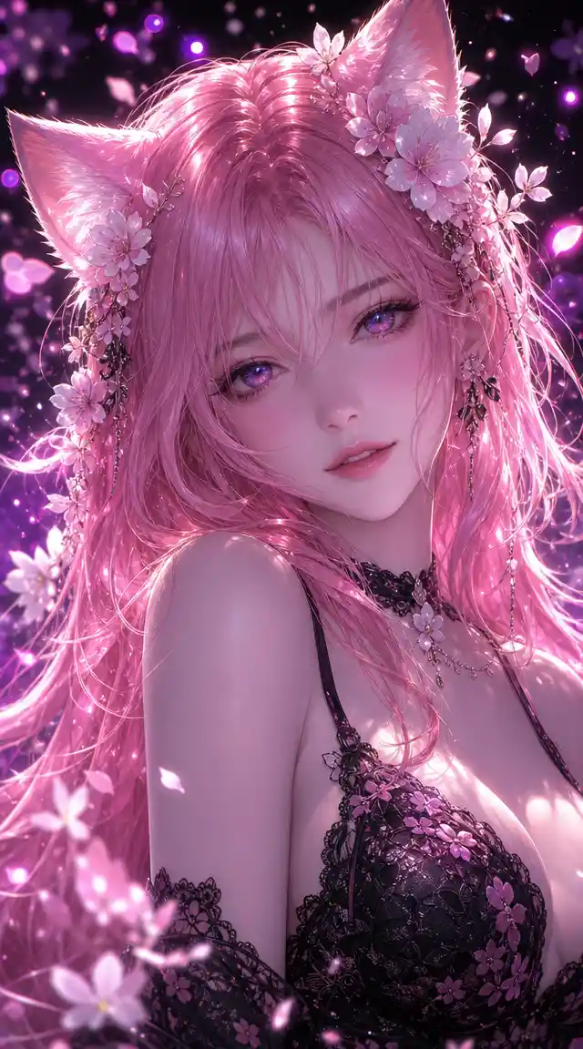 Ragazza anime con capelli rosa luminosi e occhi viola