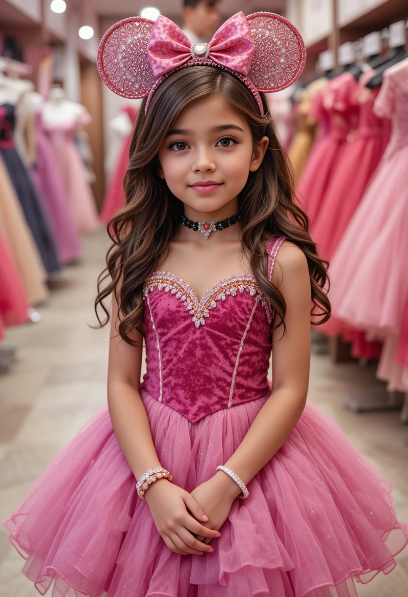 Menina jovem com vestido rosa da Minnie em boutique
