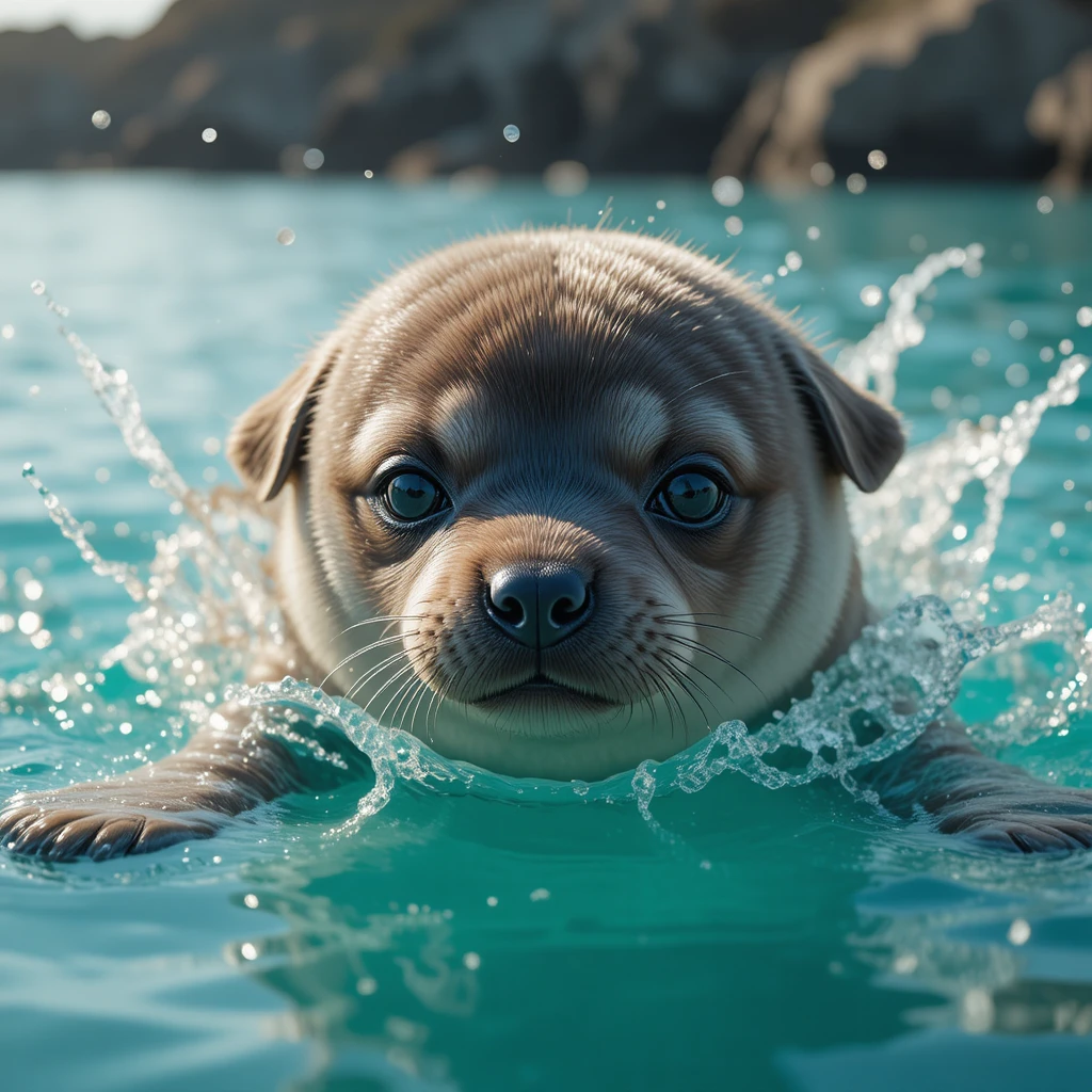 Hybride phoque-chiot éclaboussant dans une eau turquoise éclatante