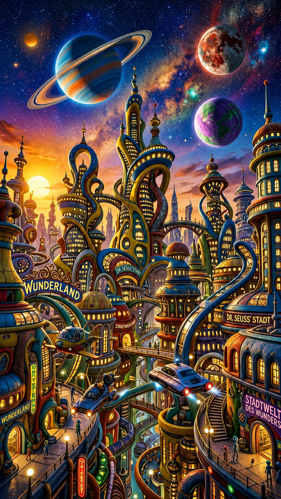 Surreale futuristische Stadt aus der Nähe unter buntem außerirdischem Himmel