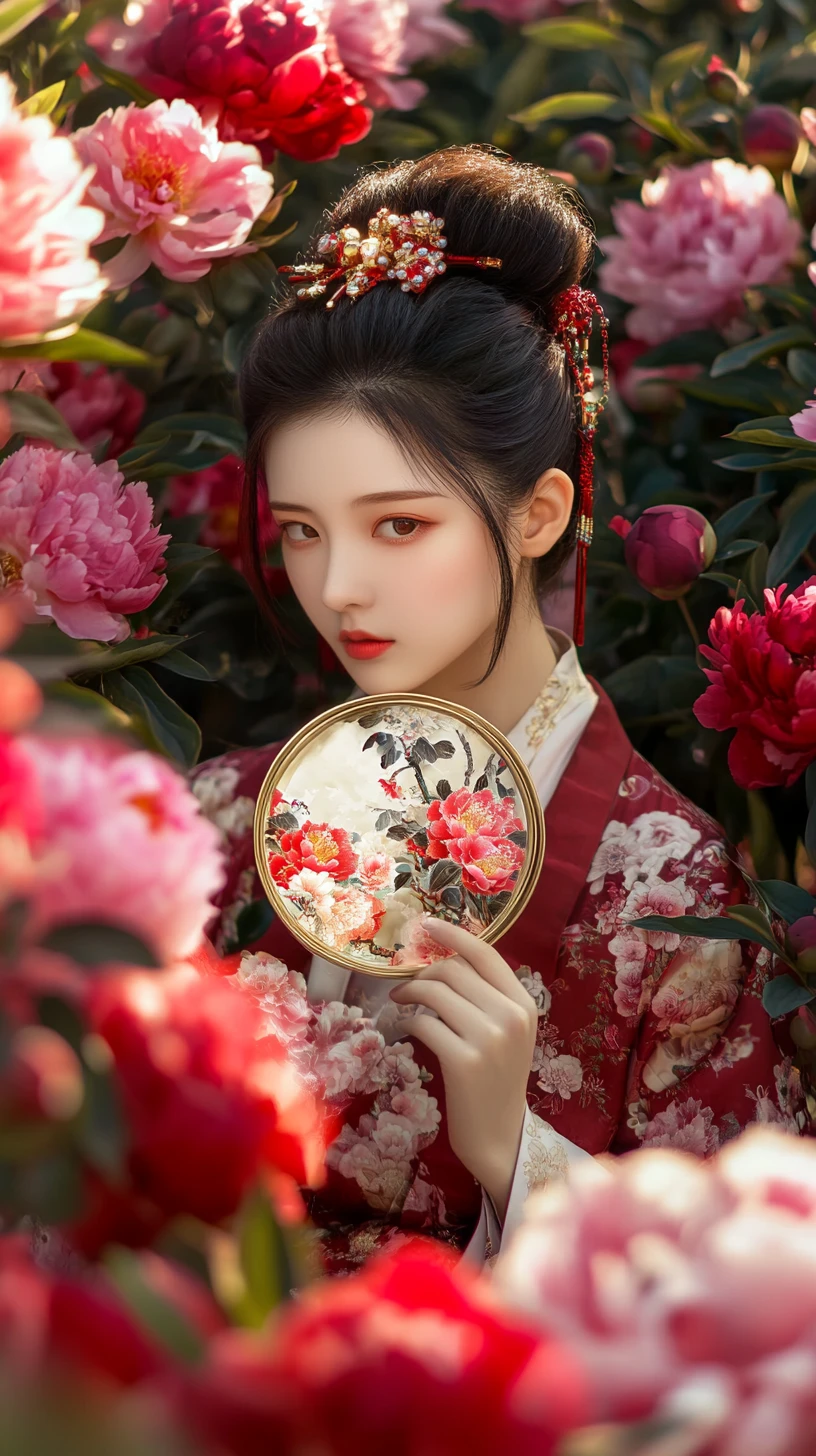 Jeune femme en hanfu rouge parmi des pivoines en fleurs