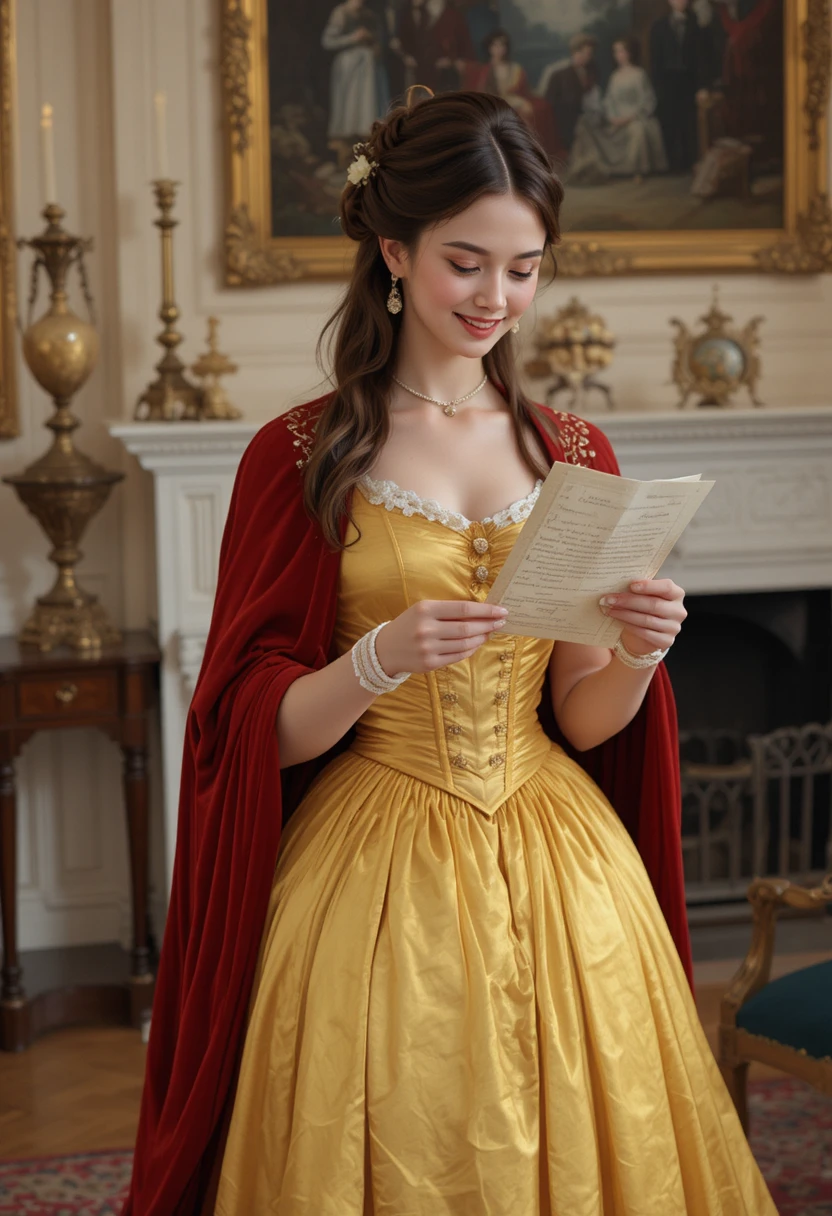 Elegante mulher vitoriana lendo uma carta de amor na sala de estar