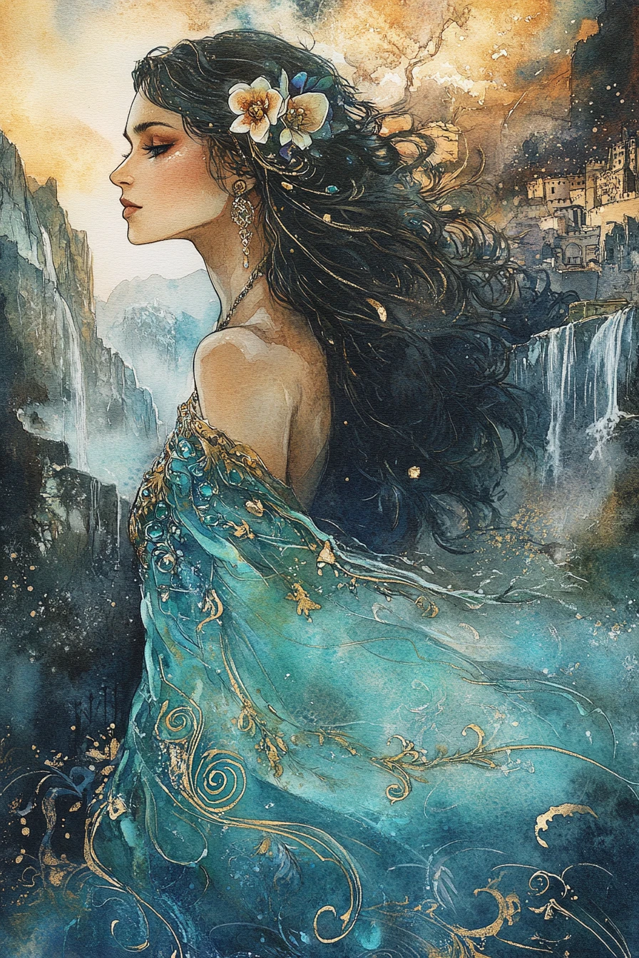 Perfil em aquarela de uma mulher em um vestido turquesa