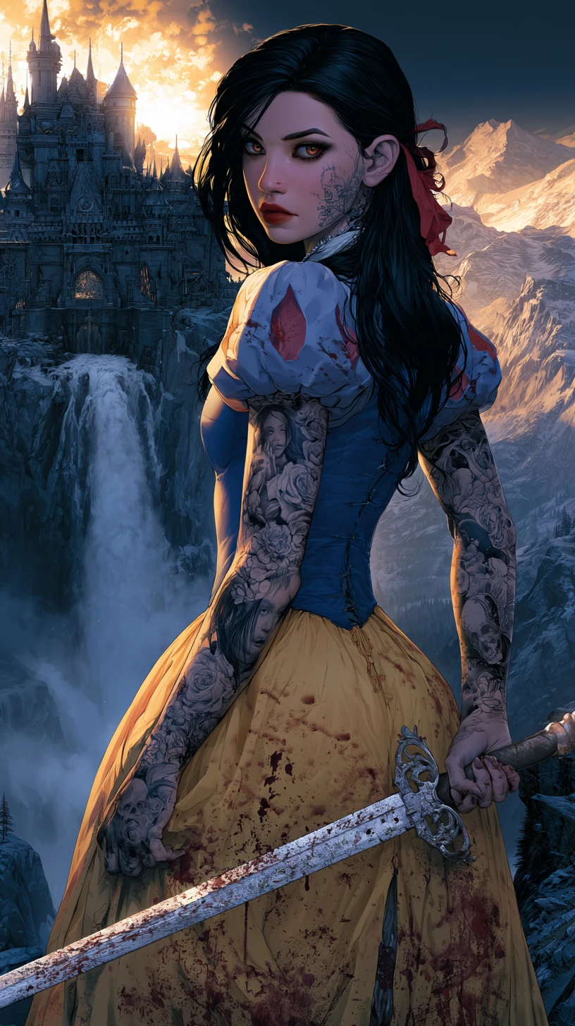 Princesa sombria tatuada com espada diante de castelo gótico