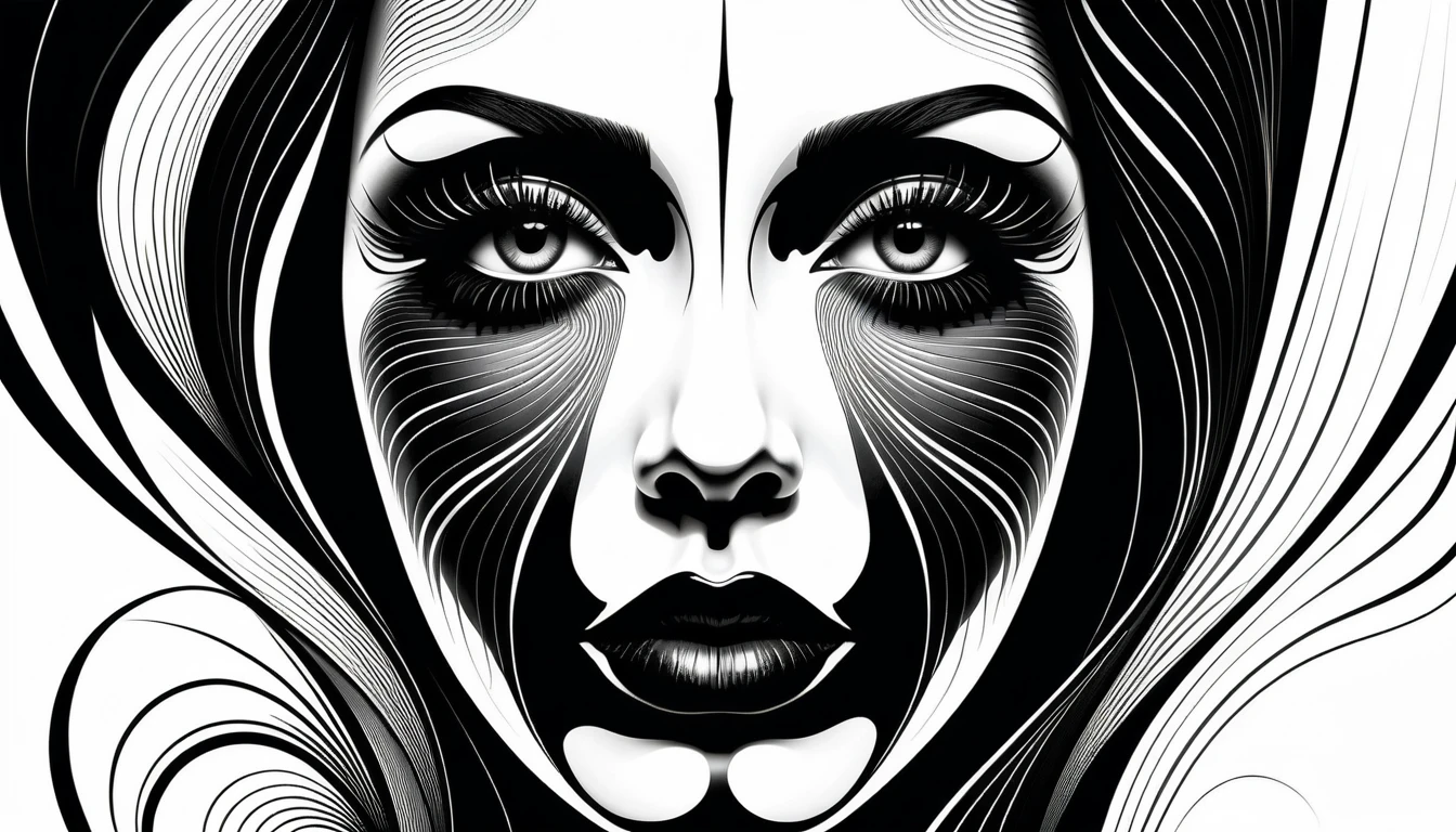 Abstraktes Line-Art-Gesicht mit ausdrucksstarken Augen und Lippen