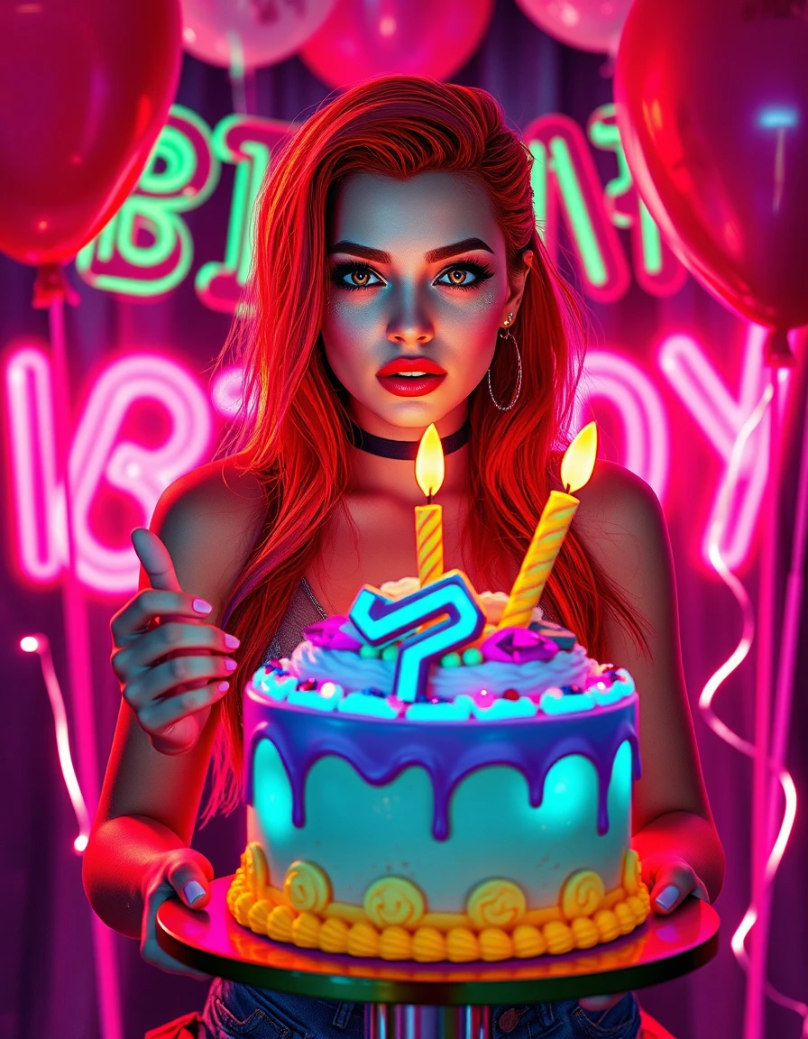Modella fantasy dai capelli rossi a una festa di compleanno al neon con gemme