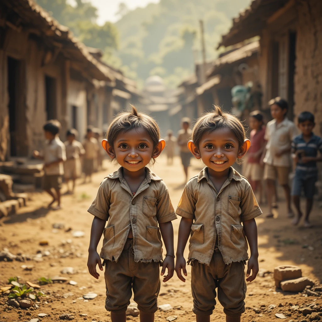 印度村莊中與孩童同在的兩隻年幼猴子