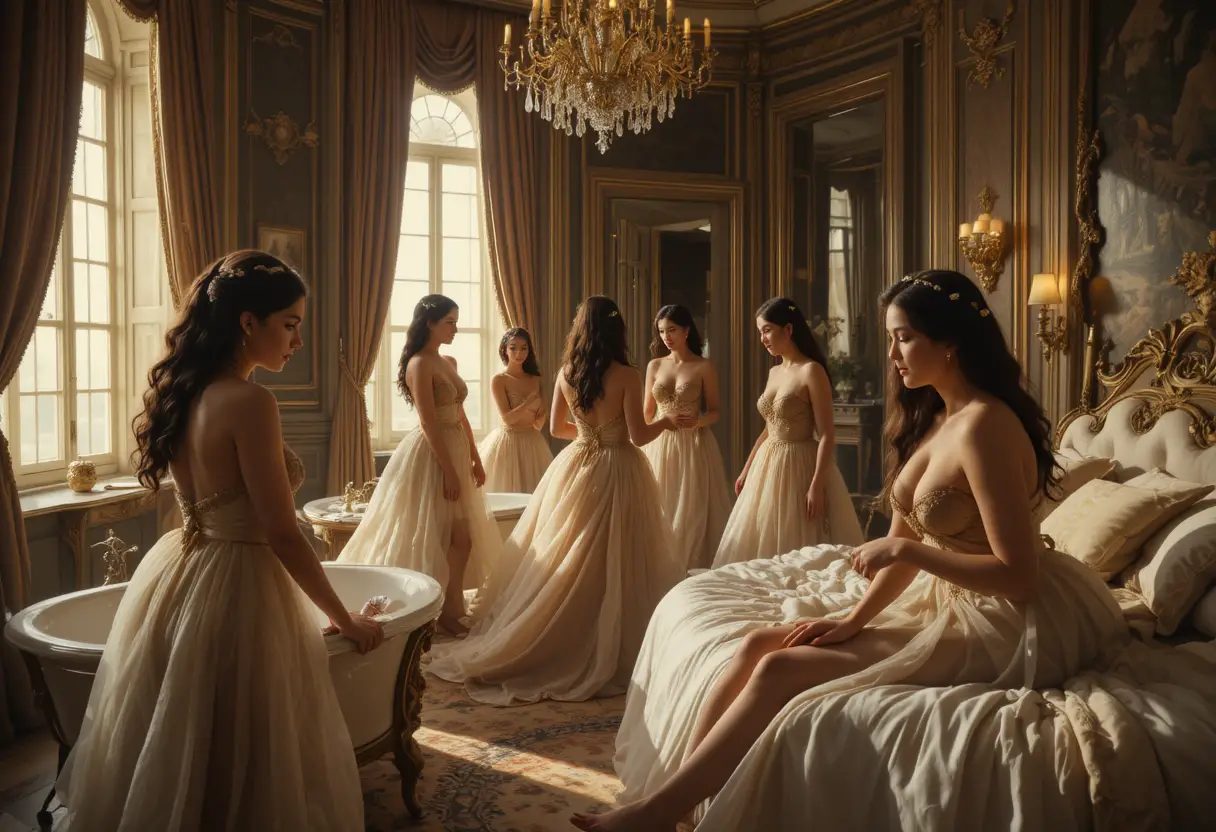 Elegant women undressing in a lavish baroque bedroom