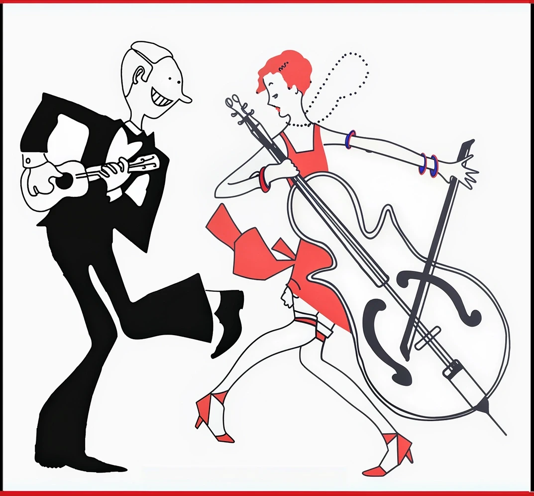 Coppia cartoon che balla con strumenti musicali a contrasto