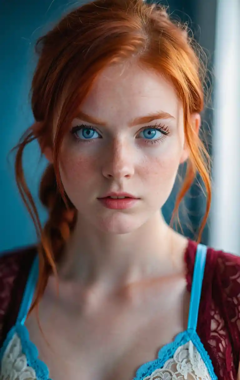 Close up portrait of red haired girl with blue eyes