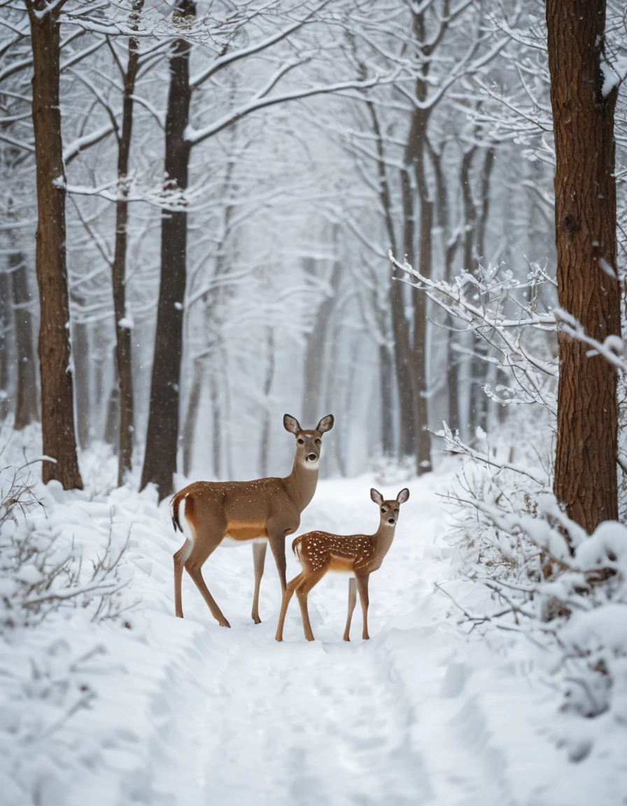 Corça e filhote caminhando por uma floresta de inverno nevada