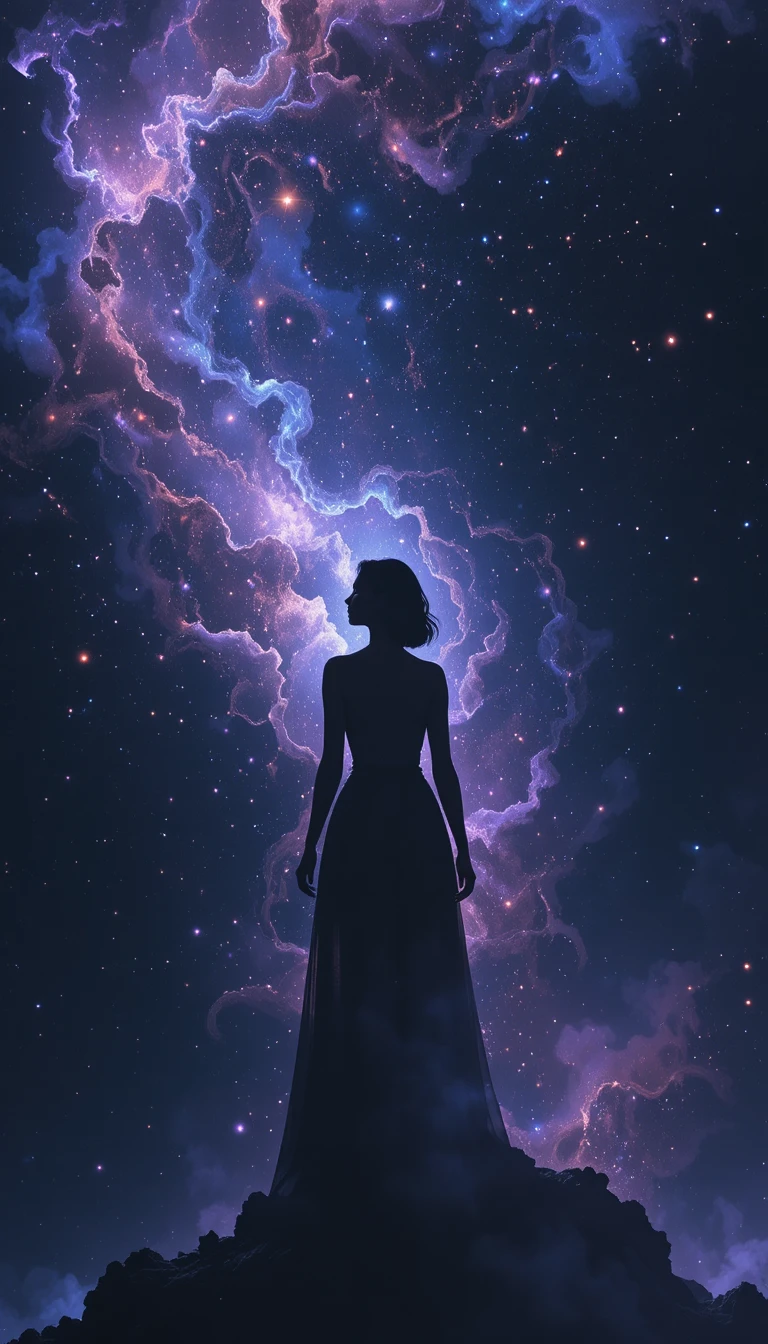 Silhueta de mulher em nébula contemplando o espaço cósmico infinito