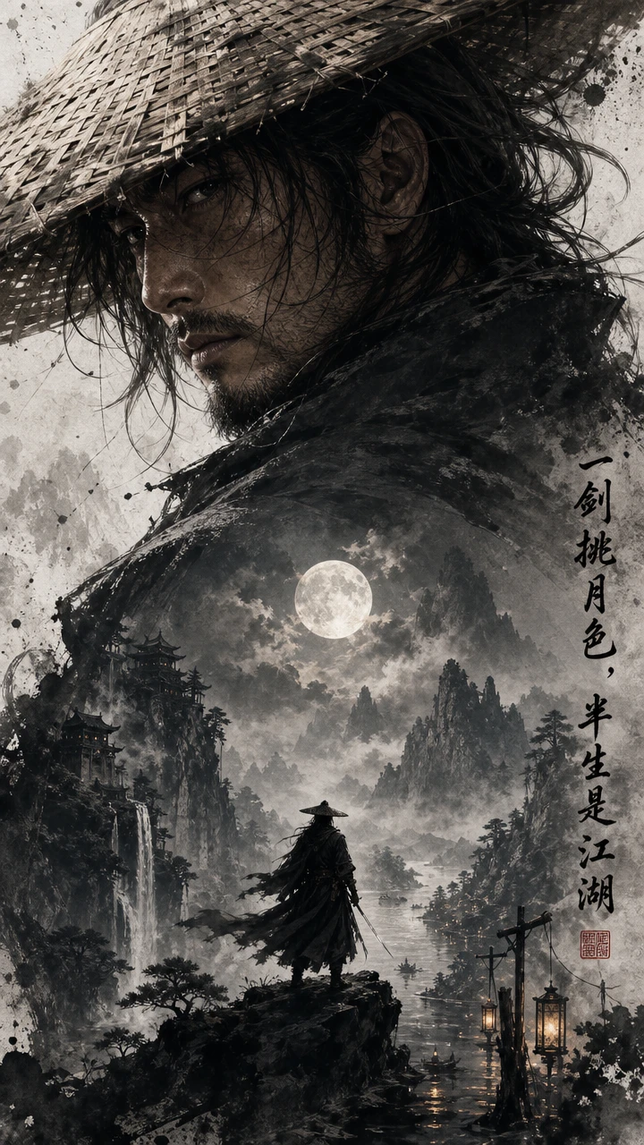 Espadachim wuxia solitário em retrato de fantasia em tinta ao luar