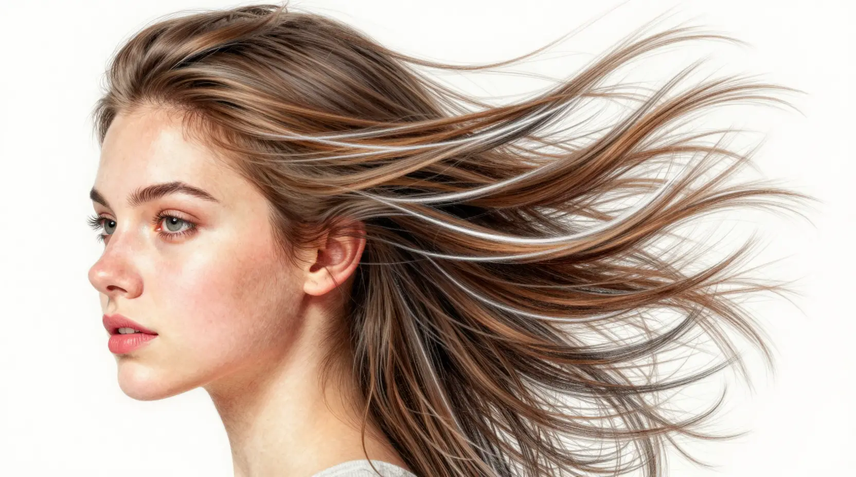 Close up portrait of a young woman with windblown hair