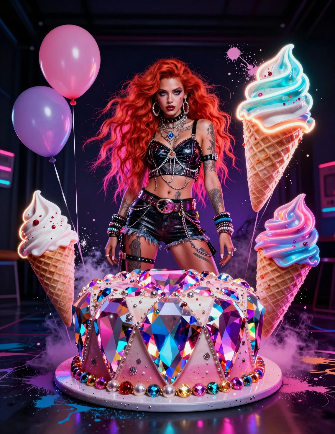 Modella fantasy dai capelli rossi a una festa di compleanno neon con gemme