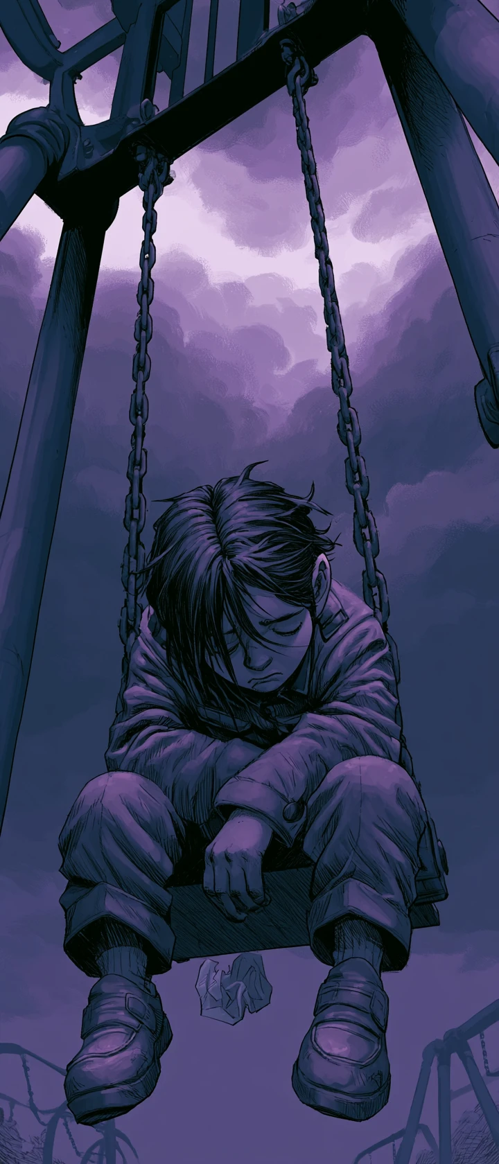 Trauriger Anime-Schüler auf einer einsamen Schaukel in der Dämmerung