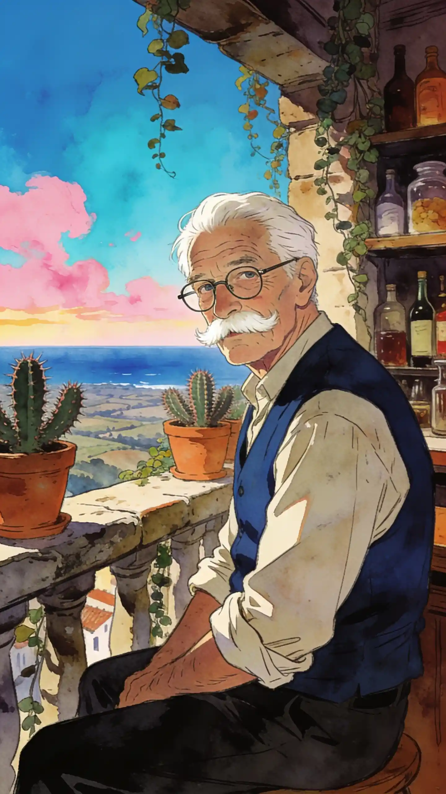 質樸陽台上眺望海天的年長男子