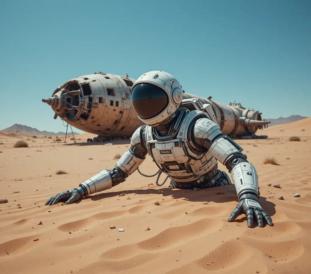 荒涼異星沙漠中的人形機器人骨架
