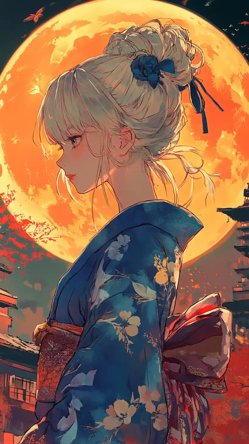 藍色和服的動漫女子站在發光橘色月亮前