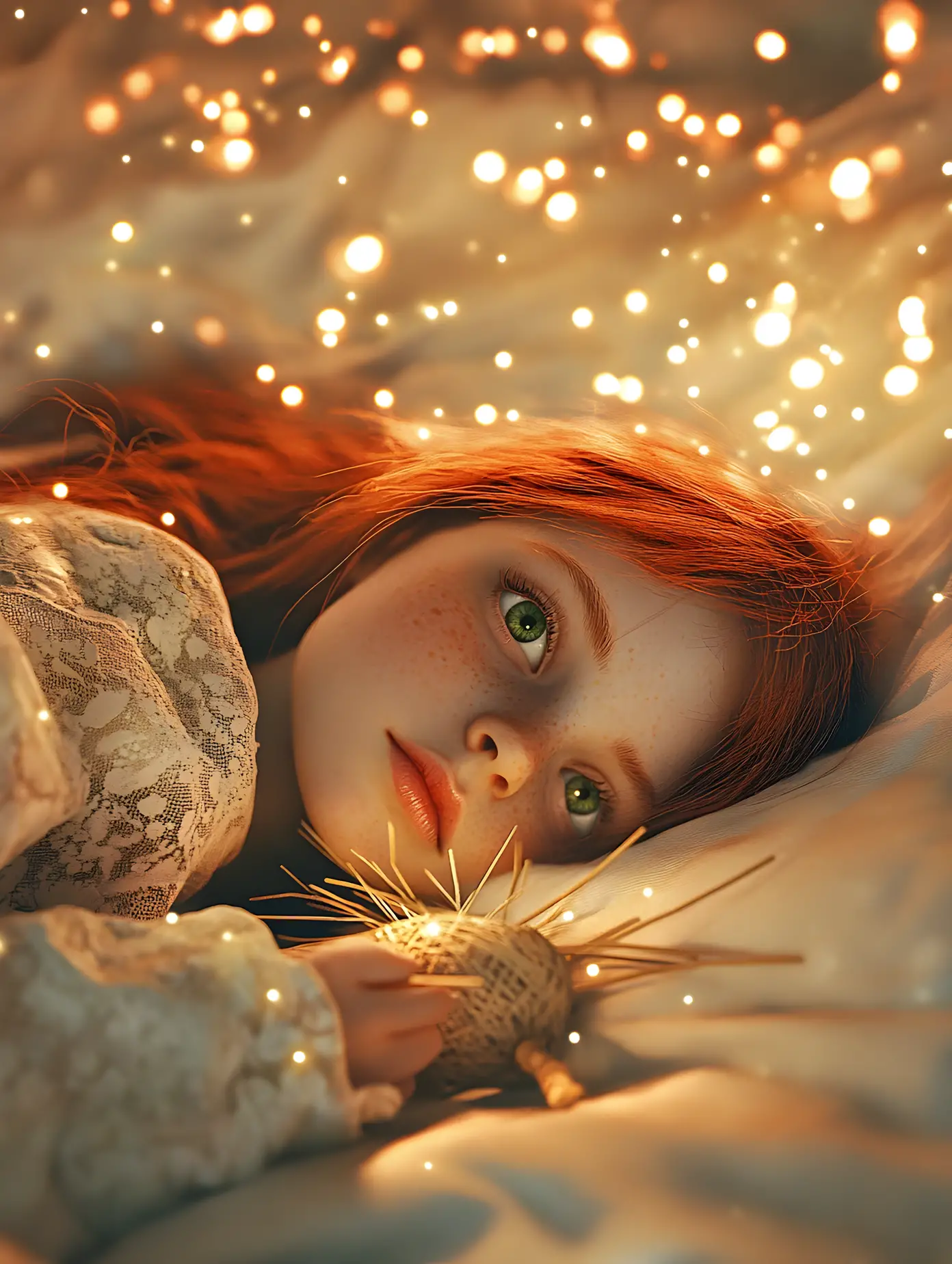Red haired girl resting in bed under glowing ceiling stars