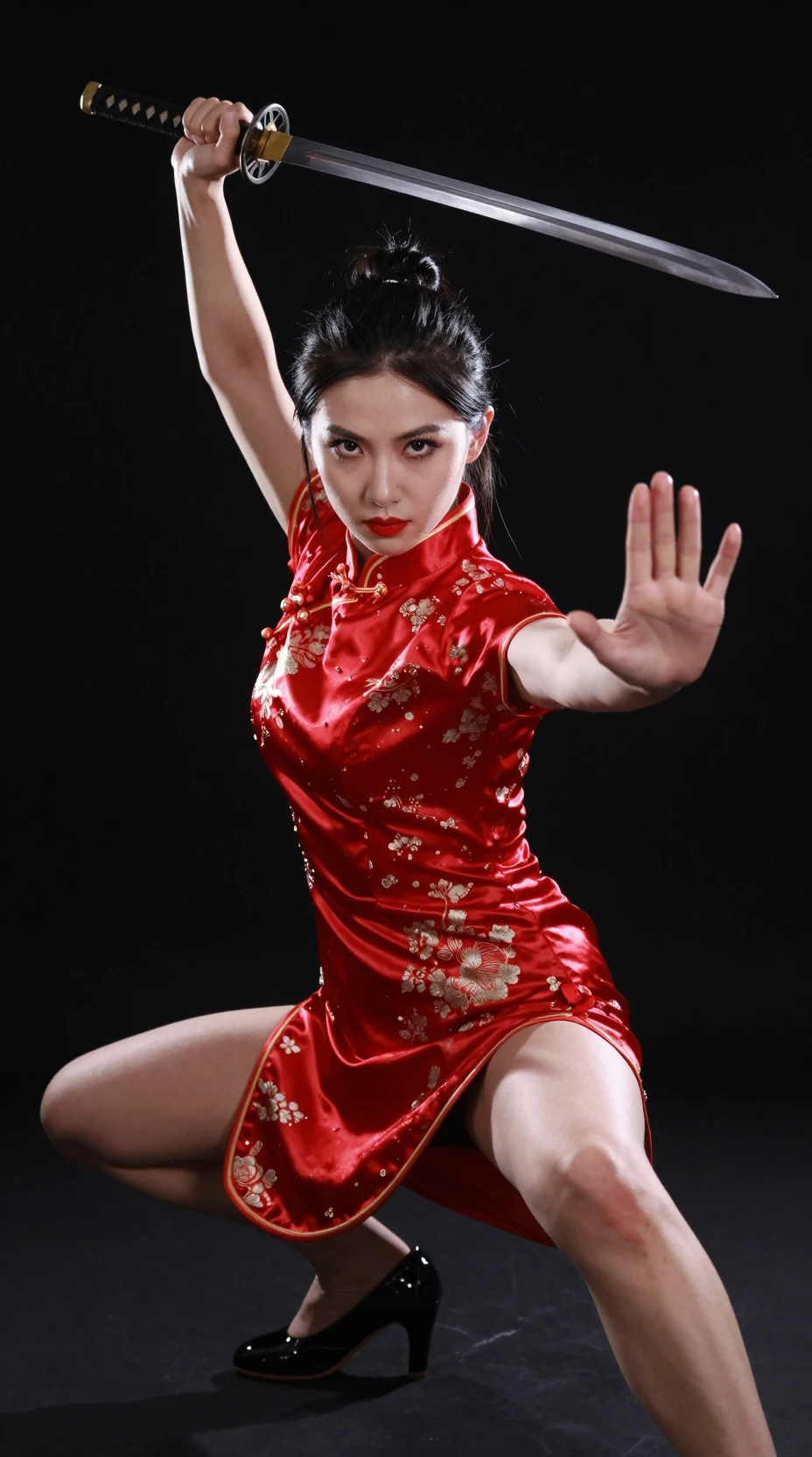 暗い背景を背に刀を構えるアジア人女性戦士