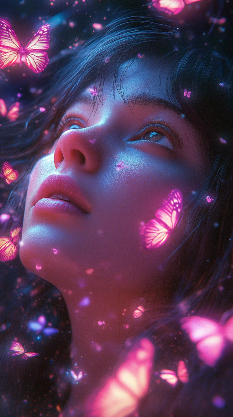 Ragazza sognante circondata da luminose farfalle al neon