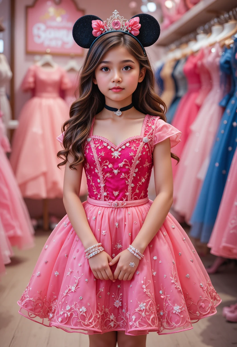 Menina com vestido rosa da Minnie em uma loja da Disney