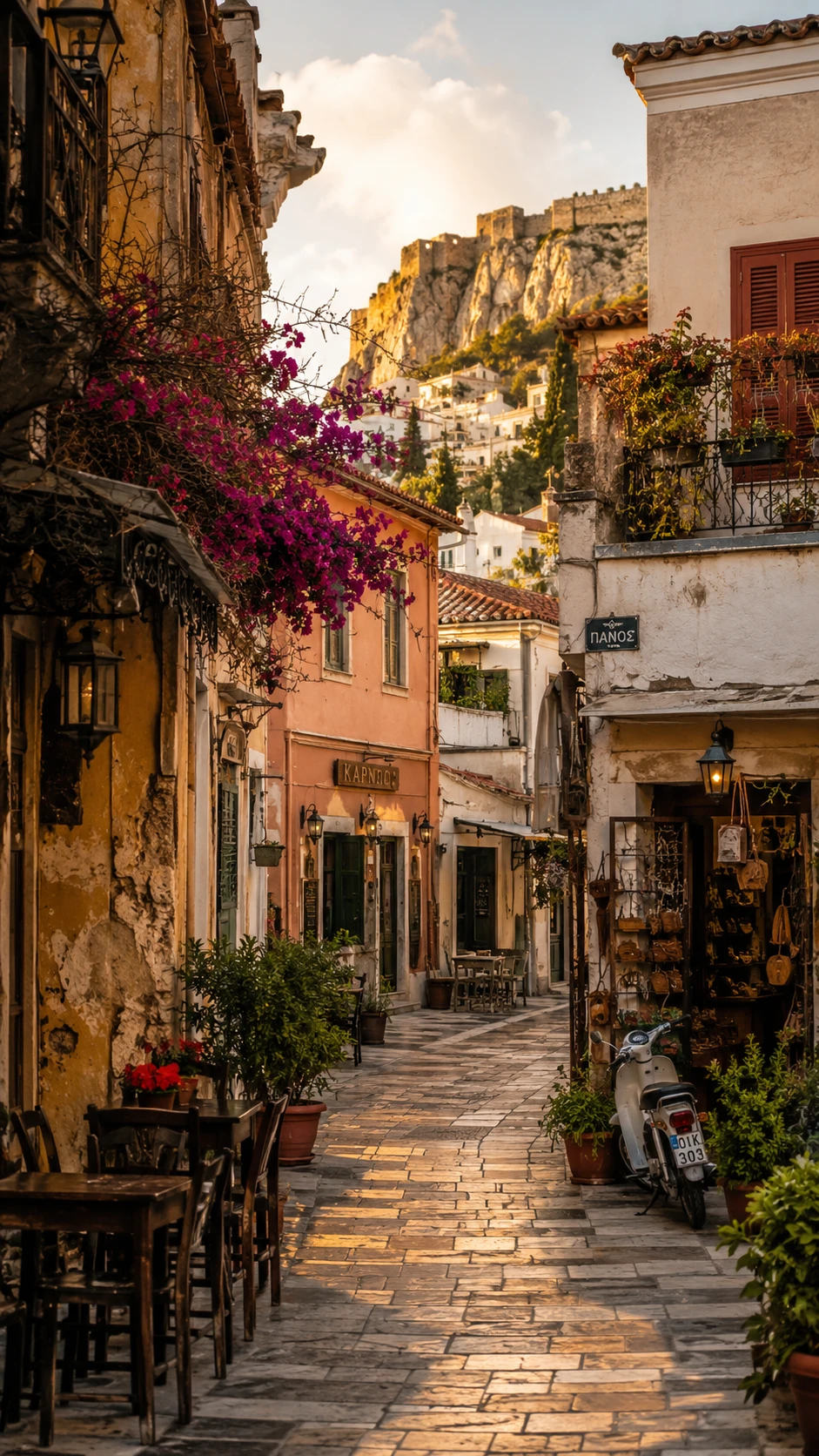 Ruelle grecque ensoleillée avec escaliers couverts de lierre et balcons