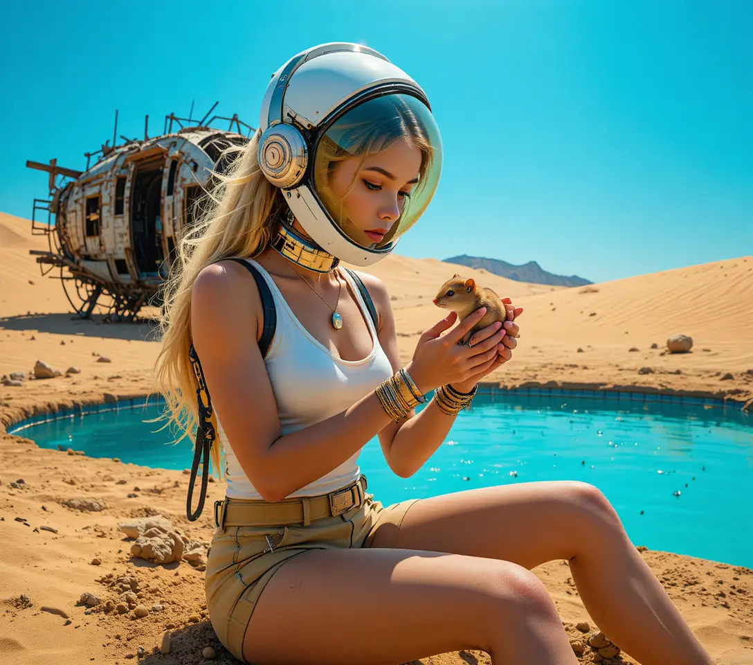 廣袤外星沙漠墜毀現場中的人形機器人骨架
