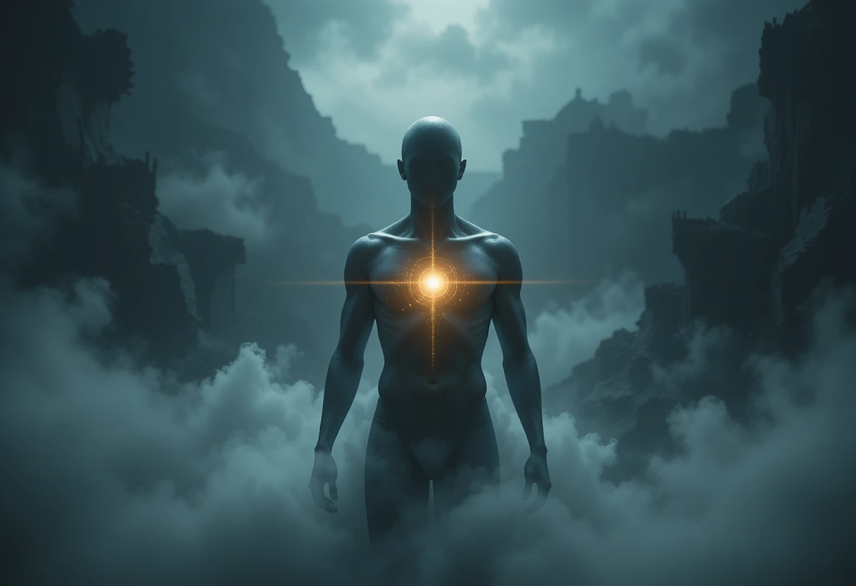 Silueta humana emergiendo de una densa niebla con luz suave