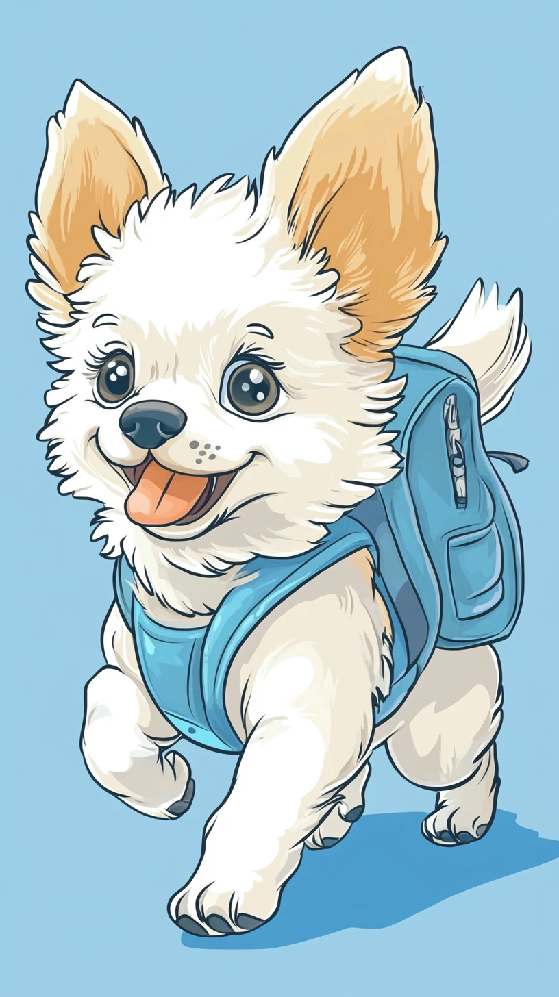 Filhote de cachorro fofo em desenho animado caminhando feliz com mochilinha