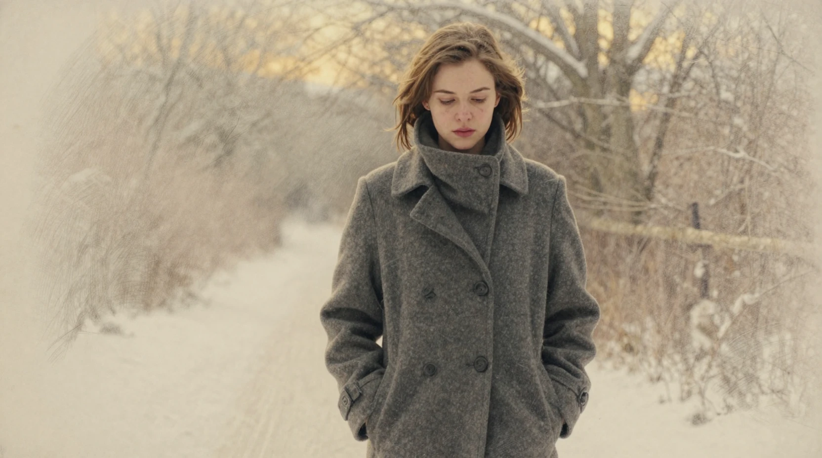Junge Frau, die allein auf einem Winterwaldweg geht