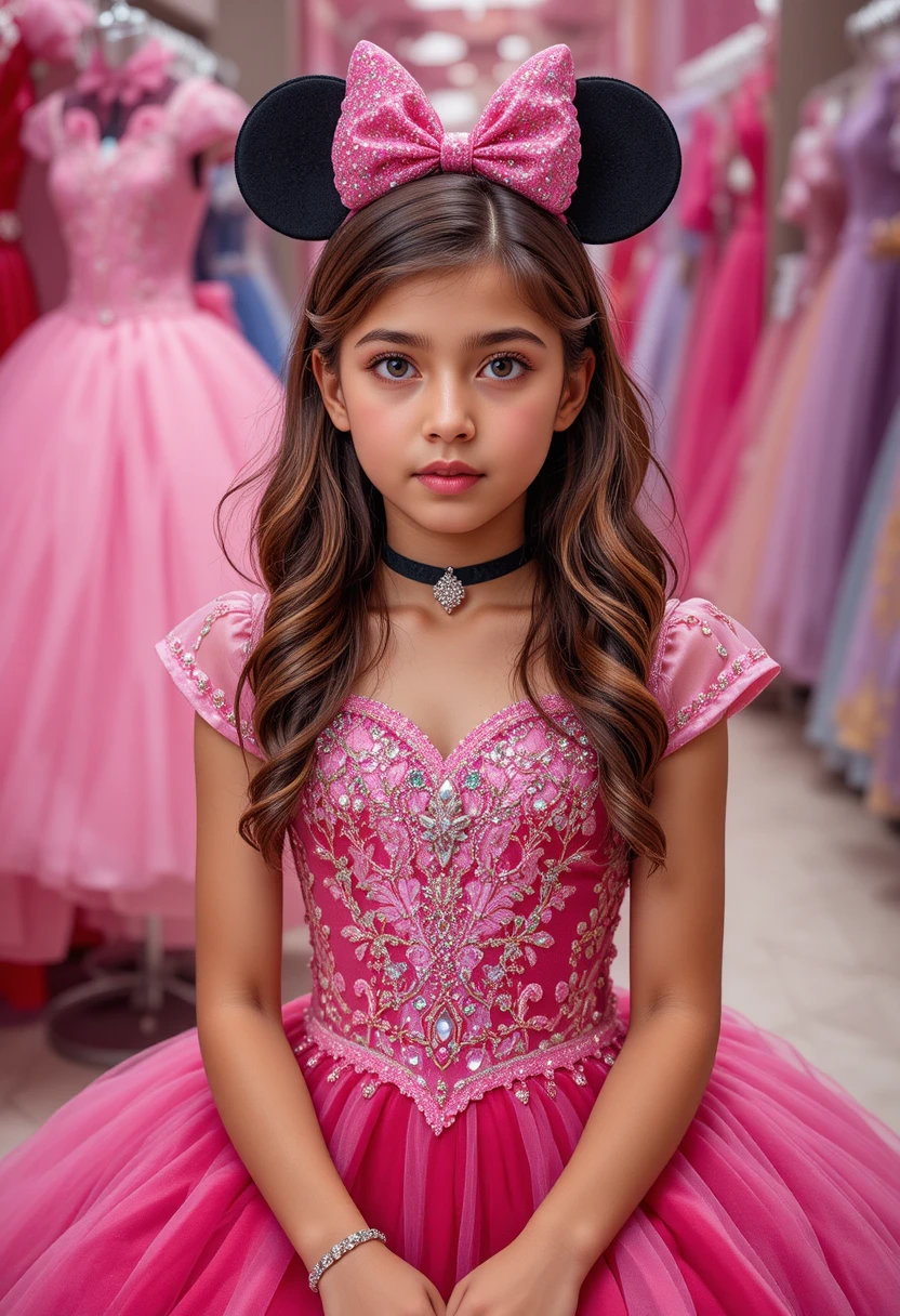 Menina jovem com vestido rosa da Minnie em boutique