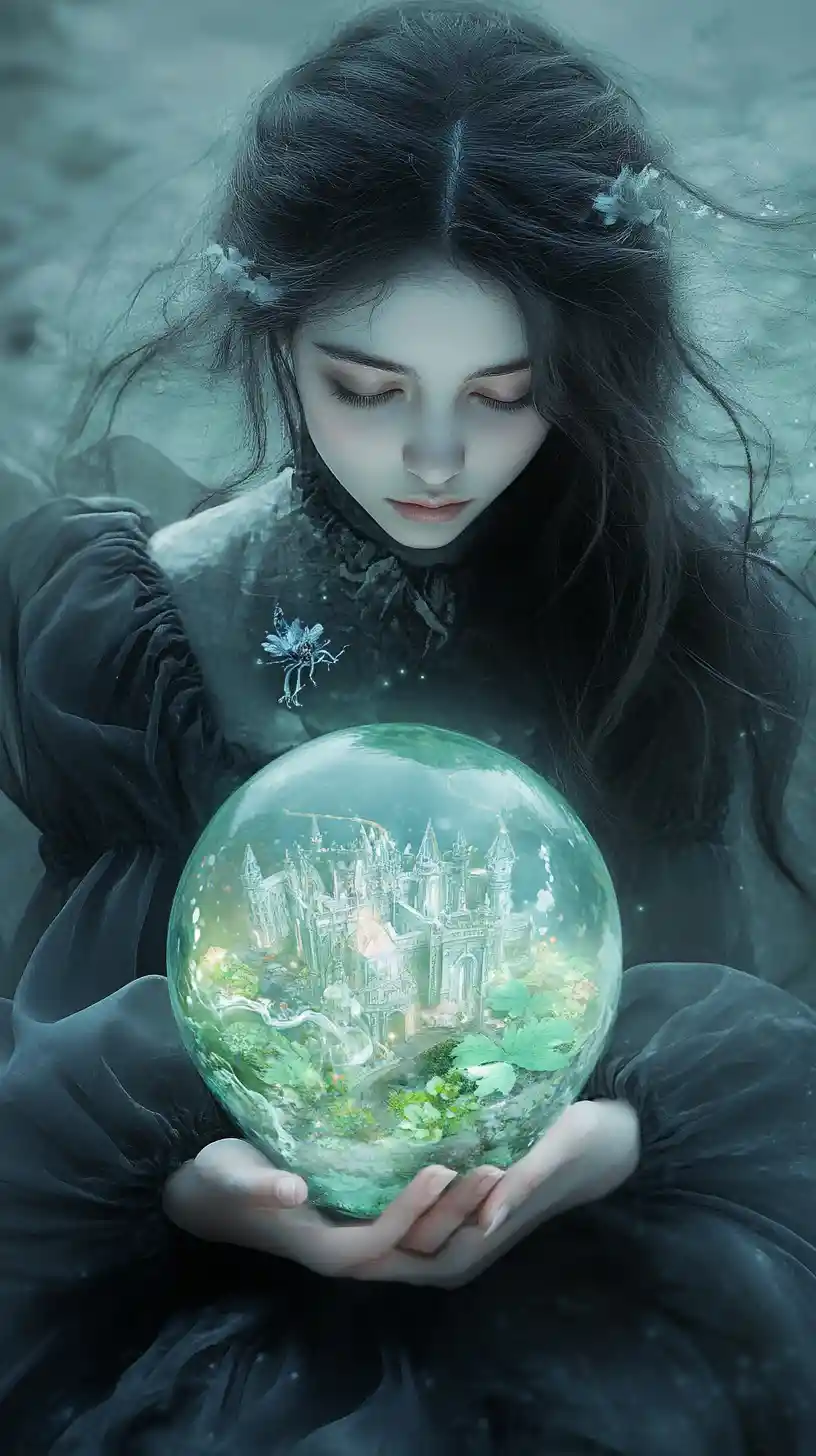 Ethereal gothic woman holding a floating miniature city
