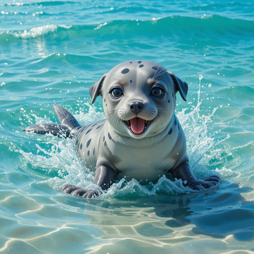 在碧綠海岸水中嬉戲的可愛海豹幼犬混種