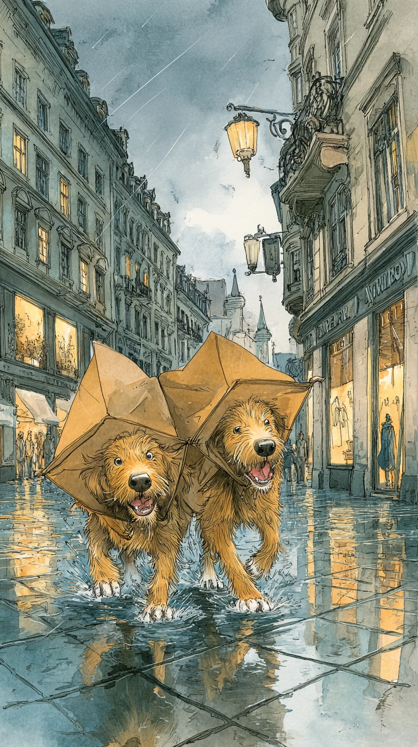 Dois cães alegres correndo por uma rua chuvosa em Munique