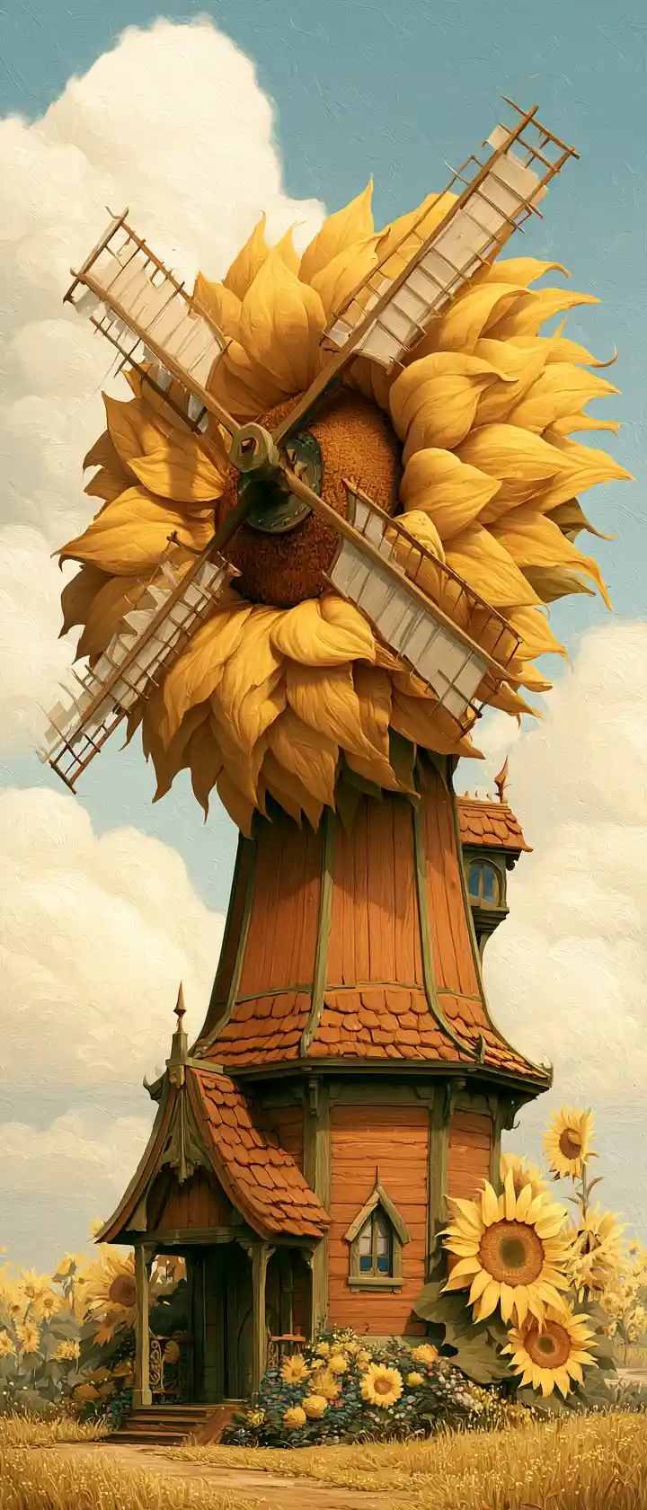 Maison-Moulin à Vent Fantaisiste aux Tournesols dans une Campagne Rustique