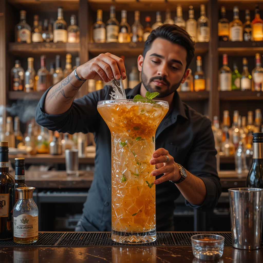 Barista che miscela un gigantesco cocktail per una donna al bancone