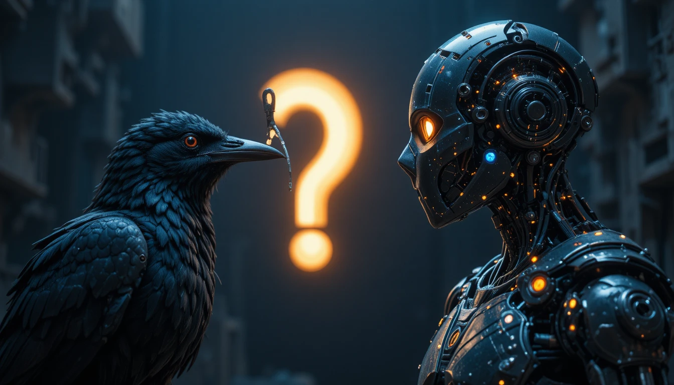Gros plan d’un corbeau face à un robot futuriste avec point d’interrogation lumineux