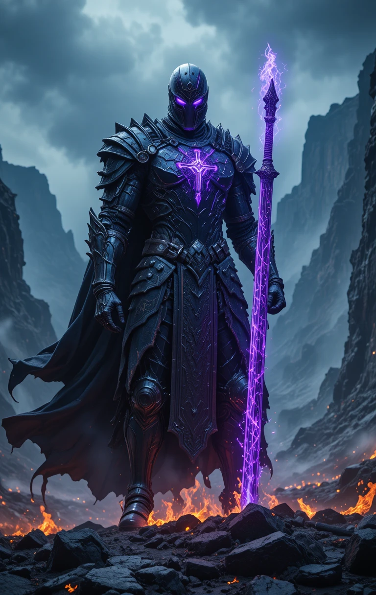 Chevalier dark fantasy avec épée sur un champ de bataille volcanique